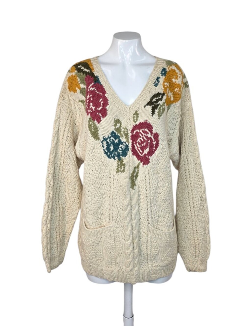 Cape Isle Knitters Hand Knit Floral V-Neck Sweater, Pockets, Pullover, Vintage L
